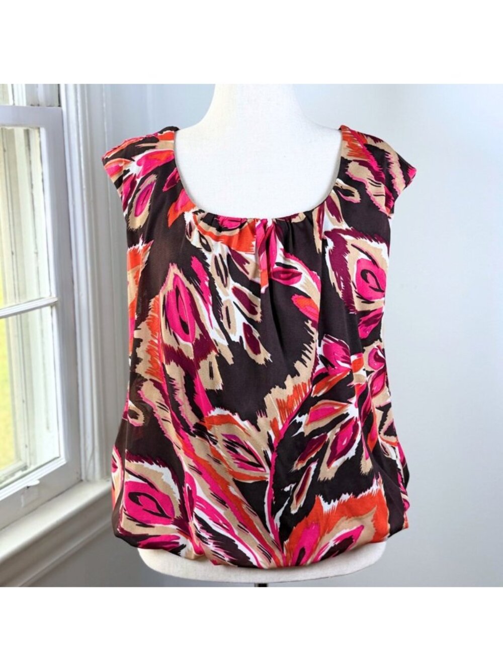 Vintage 90s Sunny Leigh Abstract Print Blouse Bubble Hem Large Brown Pink Office